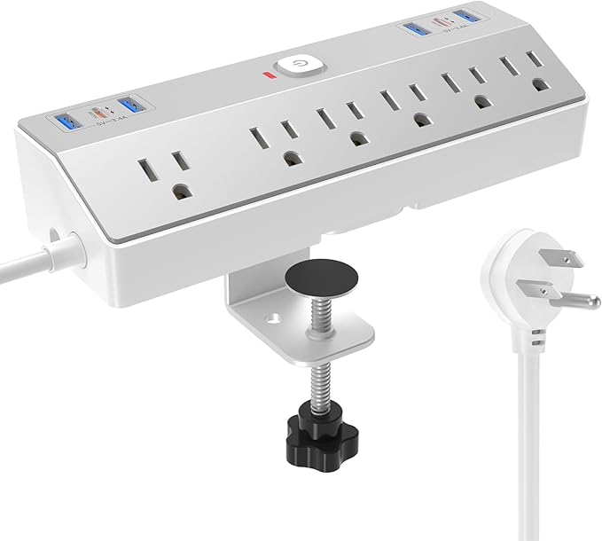 Clamp Power Strip Tall, 40W Fast Charging Station,Desk Mount Desk Shelf with 6 Outlets 6USB Ports (2USB C), 10Ft Extension Cord Home Office Essentials, Fit 2.48" Tabletop Edge