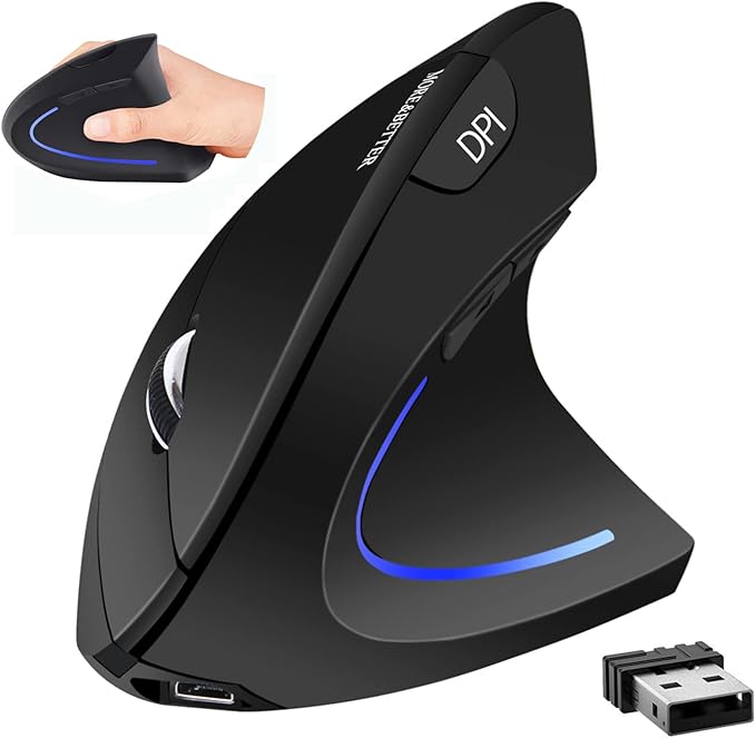 More&Better Ergonomic Wireless Mouse - Rechargeable 2.4G Optical Vertical Mice, 800 / 1200 /1600 DPI, 5 Buttons for Laptop, Desktop, PC, MacBook, gray black ergonomic mouse