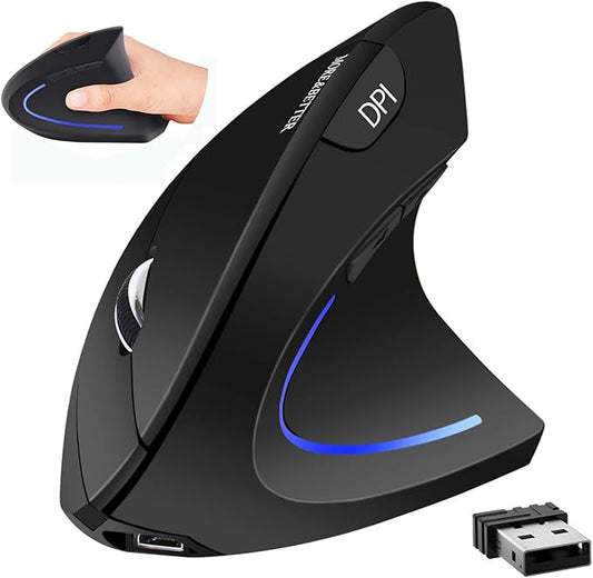 More&Better Ergonomic Wireless Mouse - Rechargeable 2.4G Optical Vertical Mice, 800 / 1200 /1600 DPI, 5 Buttons for Laptop, Desktop, PC, MacBook, gray black ergonomic mouse