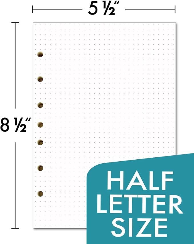 Dotted Filler Paper Pack of 300 Sheets, 7 Hole Punched Planner Refills 5 1/2 x 8 1/2 Inches, Fit 3 or 7 Ring Mini Binders