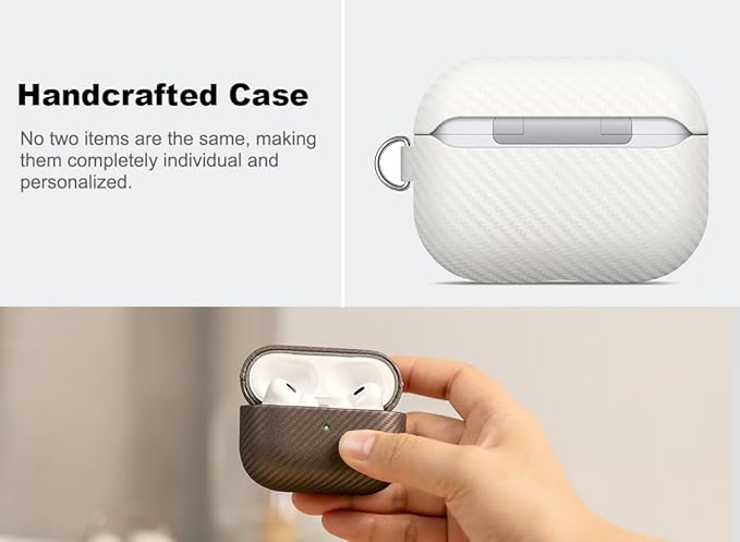 Leather Case - for AirPods Pro 2 Case Cover with Keychain - Selected Skin-friendly Leather, Carbon Fibre Texture, Handmade Shockproof Hard Cover for AirPods Pro 2nd Generation Earbuds - White