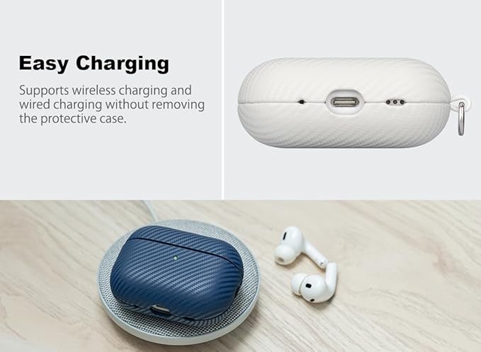 Leather Case - for AirPods Pro 2 Case Cover with Keychain - Selected Skin-friendly Leather, Carbon Fibre Texture, Handmade Shockproof Hard Cover for AirPods Pro 2nd Generation Earbuds - White