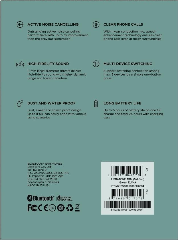 Libratone AIR+ 3 True Wireless in-Ear Headphones, Industry Leading Active Noise Cancelling, 11mm Dynamic Drivers, IP54 Rated dust and Water Resistent, 24 Hours of Battery Life (Green)