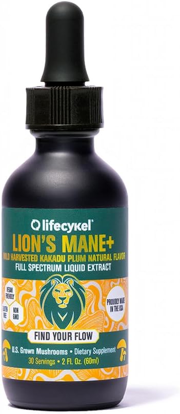 Lifecykel Lion's Mane Mushroom Extract w/Kakadu Plum- Memory Focus Clarity REM Sleep-100% Organic Mushrooms Brain Booster Nootropic Brain Supplement Focus Supplement Made in US, 2 Fl oz (30 Servings)
