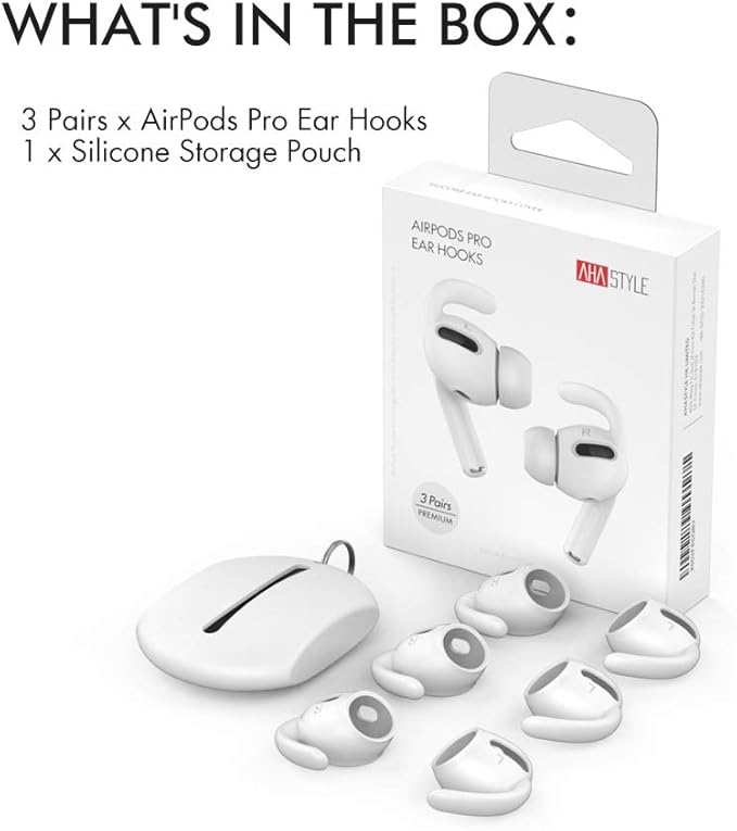 AhaStyle 3 Pairs AirPods Pro Ear Hooks Covers [Added Storage Pouch] Anti-Slip Ear Covers Accessories Compatible with Apple AirPods Pro (White)
