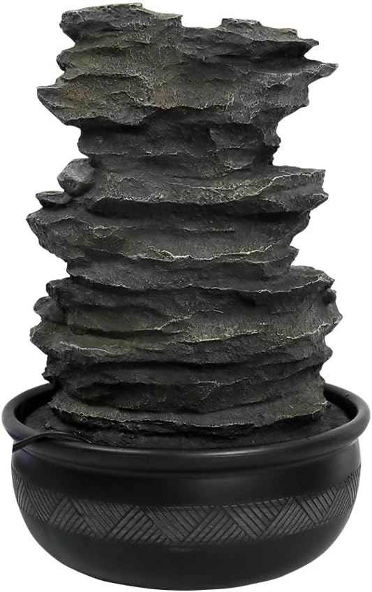 15.7” High Rock Falls Tabletop Water Fountain with LED Lights - Indoor 5-Tier Cascading Fountain for Home and Office Decor (Gray_3, 15.7" high)