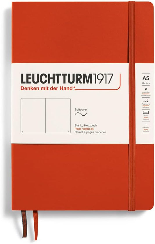 LEUCHTTURM1917 - Notebook Softcover Medium A5-123 Numbered Pages for Writing and Journaling (Fox Red, Plain)