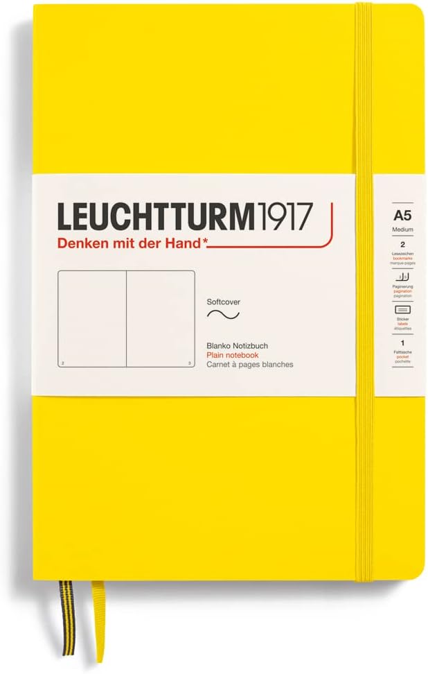 LEUCHTTURM1917 - Notebook Softcover Medium A5-123 Numbered Pages for Writing and Journaling (Plain, Lemon)