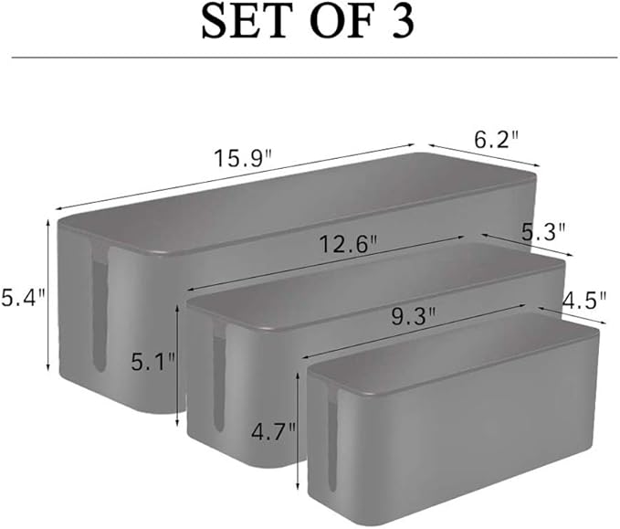 [Set of 3] 3 Cable Management Boxes + 3 Wire Ties, Large Cord Box Organizers to Hold and Hide Power Strip Charger Adapter Power Cord Charging Station USB HUB (Black)