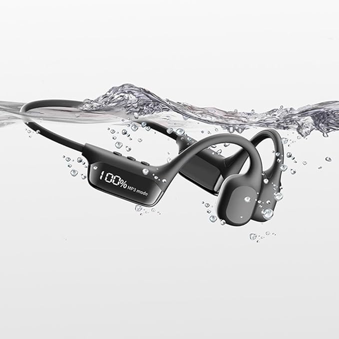 IHAO Swimming Headphones True Bone Conduction Open Ear Headset MP3 Player Built-in 32G Memory IP68 Underwater Waterproof Stereo Bluetooth Earphone for Driving Bicycling Running Skiing-S10 Black