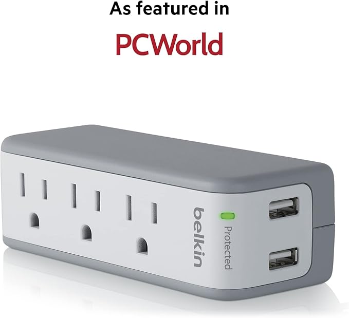 Belkin Wall Mount Surge Protector - 3 AC Multi Outlets & 2 USB Ports - Flat Rotating Plug Splitter - Wall Outlet Extender for Home, Office, Travel, Computer Desktop & Phone Charger - 918 Joules