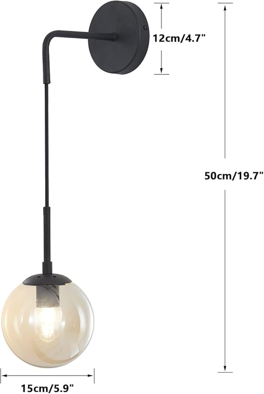 BOKT Matte Black Amber Glass Round Wall Sconce Light Mid Century Modern Globe Bathroom Wall Sconce Lamp Farmhouse Industrial Adjustable Bar Wall Light Fixture (Black+Amber)