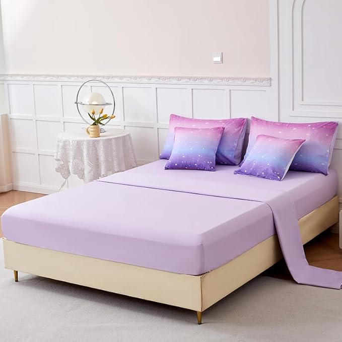 7PCS Purple and Pink Comforter Sets Full Girls Galaxy Comforter Full,Girls Bedding,Bed in a Bag with Flat Sheet and Fitted Sheet,Pillowcases,Cushions for Girl,Purple Bedding Sets