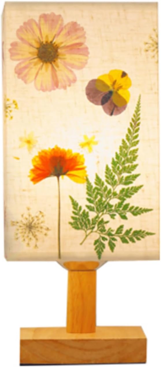 Dried Flowers Table Lamp 5W LED 3Color Temperatures Pressed Flower Bedside Lamp Square Linen Shade with Wood Base for Bedroom Living Room