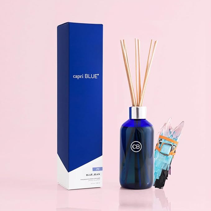 Capri Blue Blue Jean Reed Diffuser Set - Includes Reed Diffuser Sticks, Fragrance Oil, and Glass Bottle - Luxury Scented Room Fresheners - Cobalt Blue (8 fl oz)