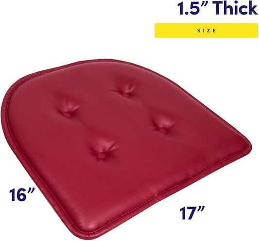 Sweet Home Collection Chair Cushion Memory Foam Pads Tufted Slip Non Skid Rubber Back U-Shaped 17" x 16" Seat Cover, 12 Pack, Faux Leather Burgundy Red