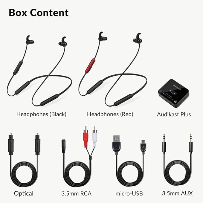 Avantree HT41866 - Wireless Earbuds for TV Listening (Set of 2), 20H Neckband Headphones with Bluetooth Transmitter for Optical Digital Audio, RCA, 3.5mm Aux Ported TVs, Plug & Play, No Audio Delay