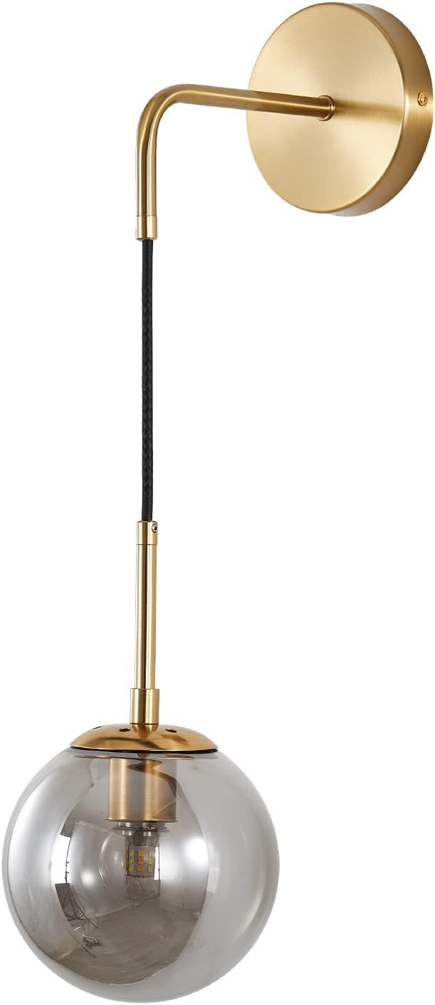 BOKT Mid Century Modern Wall Sconce Gold Wall Sconce Light Smoke Gray Glass Round Wall Lighting Fixture Brushed Brass Minimalist Adjustable Bar Wall Lamp (Gold+Smoky Grey)
