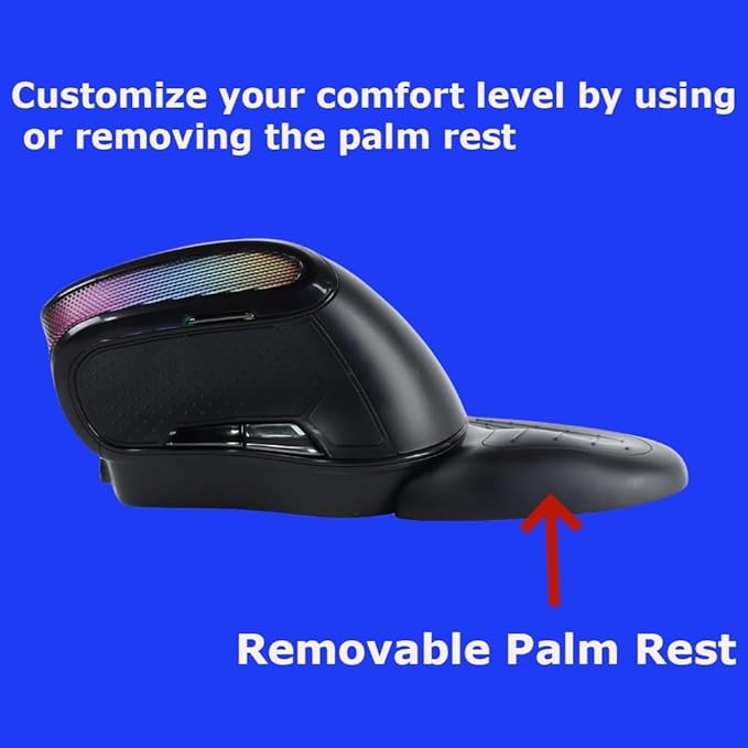 Wireless Mouse Large Angle Adjustable Ergonomic Vertical Upright Carpal Tunnel Ergo Right Hand 6 buttons USB Optical Mice for PC Laptop Computer Macbook Gift,3600 DPI,Removable Palm Rest,RGB Light