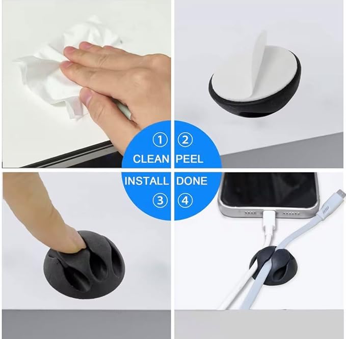 Cable Clip Organizer - Adhesive Wire Holders for Desk and Wall - 10 Pack