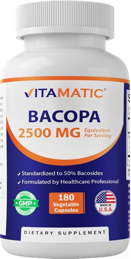Vitamatic Bacopa Monnieri 2500 mg Equivalent Per Serving (from 10:1 Extract 250 mg) Nootropic Herbal Supplement - 50% Bacosides, Non-GMO & Gluten Free - 180 Vegetable Capsules