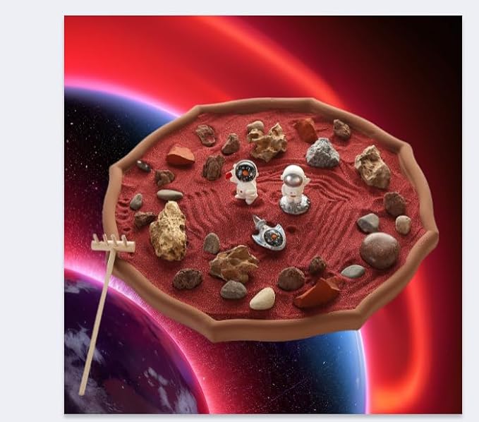 Desktop Zen Garden Kit -Mars Space Exploration Themed Zen Decor Sand,Astronaut Statue Figurines,Irregular Red Raw Sandstone Sand Tabletop Decoration,Zen Office Desktop Decoration Gift (Red)