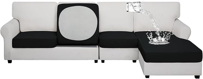 Easy-Going 100% Waterproof 4 Pieces Couch Cushion Covers for Sectional Sofa Left/Right L Shape Chaise Lounge Sofa Seat slipcover Anti-Slip Sofa Cover (3 Seater + 1 Chaise, Black
