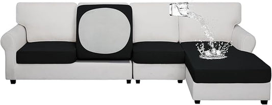 Easy-Going 100% Waterproof 4 Pieces Couch Cushion Covers for Sectional Sofa Left/Right L Shape Chaise Lounge Sofa Seat slipcover Anti-Slip Sofa Cover (3 Seater + 1 Chaise, Black