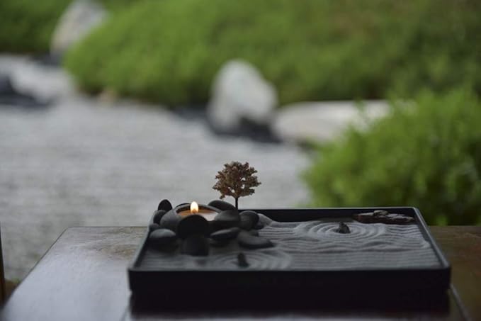 Handmade Zen Garden Pebbles Candle Holder Set with Zen Garden Tools, Sand, Base Tray and Free Accessories
