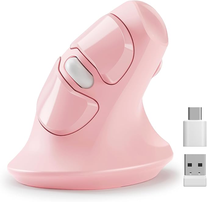 MicroPack Ergonomic Mouse, Vertical Wireless Mouse with USB A & Type-C Receiver, Ergo Design Reduces Muscle Strain, 6 Buttons 800/1200/1600 DPI Mouse for Windows, Mac, PC, Laptop, Pink