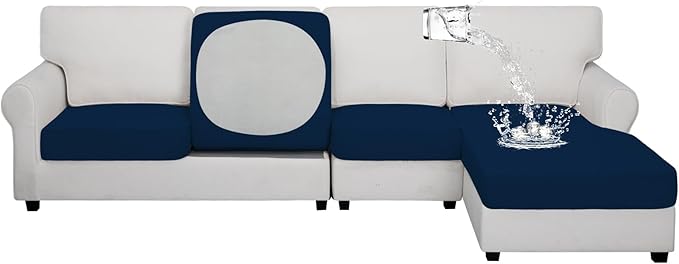 Easy-Going 100% Waterproof 4 Pieces Couch Cushion Covers for Sectional Sofa Left/Right L Shape Chaise Lounge Sofa Seat slipcover Anti-Slip Sofa Cover (3 Seater + 1 Chaise, Navy