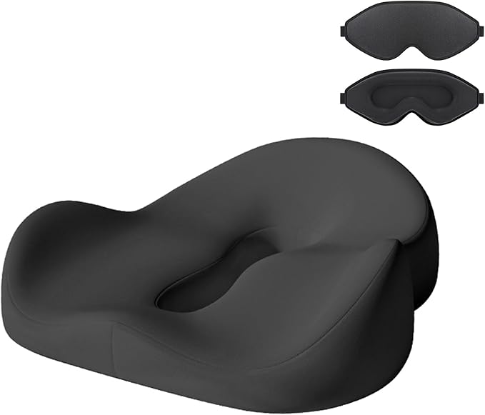 Petite Memory Foam Seat Cushion for Office Chair &Car - Cushion for Small Body Frames, Non-Slip Base & 3D Sleep Mask (Black)