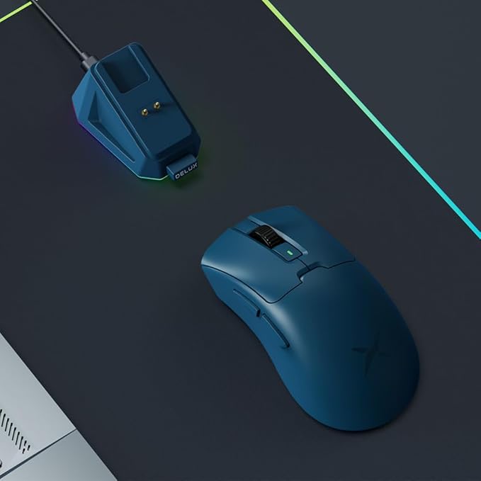 DeLUX M900PRO Wireless Gaming Mouse, 8000Hz Polling Rate, RGB Charging Dock, 63g Ergonomic Design, PAW3395 Sensor with 26000DPI, Programmable Buttons (Blue)