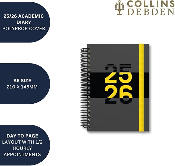 Collins 'Delta' 14 Month Mid/Academic Year Planner, July 2025-August 2026 Day-to-Page Appointments Diary, A5 Wiro Bound Cover, Yellow