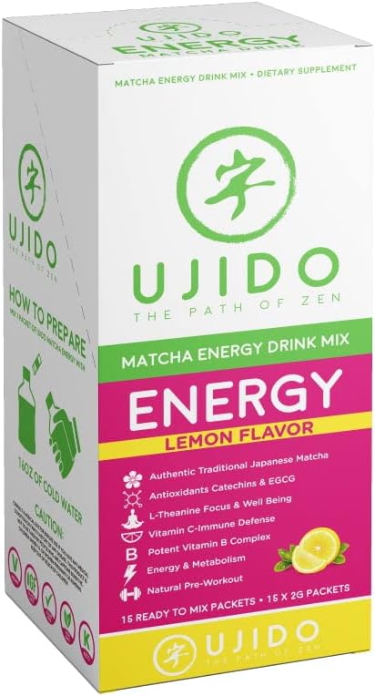 Ujido Matcha Energy Packets, Lemon Flavor, Sugar-Free, Monkfruit, Non-GMO, Antioxidant, Keto & Vegan, 2g x 15 Count
