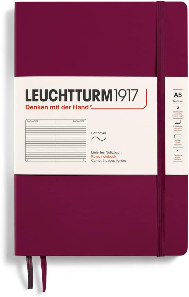 LEUCHTTURM1917 - Notebook Softcover Medium A5-123 Numbered Pages for Writing and Journaling (Ruled, Port Red)