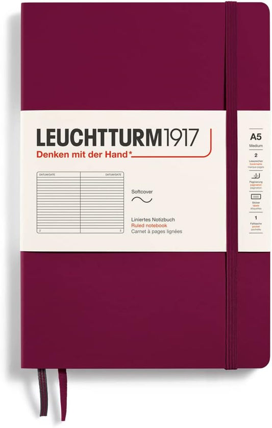 LEUCHTTURM1917 - Notebook Softcover Medium A5-123 Numbered Pages for Writing and Journaling (Ruled, Port Red)