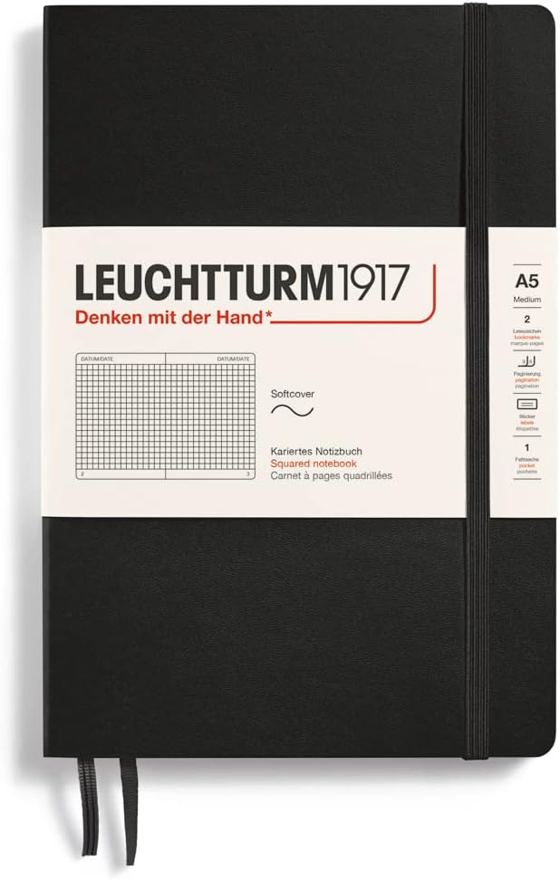 LEUCHTTURM1917 - Notebook Softcover Medium A5-123 Numbered Pages for Writing and Journaling (Squared, Black)