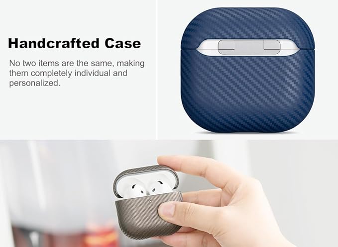 Leather Case - for AirPods 4 with Active Noise Cancellation/AirPods 4 Case Cover - Selected Skin-Friendly Leather, with Carbon Fibre Texture, Handmade Drop Protective Hard Cover - Blue