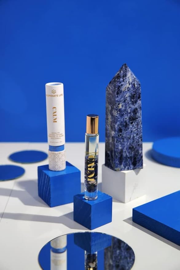 Essential Oil Rollerballs, .34 OZ, Calm - Sodalite Crystal Infused - Scents of Chamomile, Howood, & Sage - Aromatherapy Roll On Oils, Skin Care, Massage