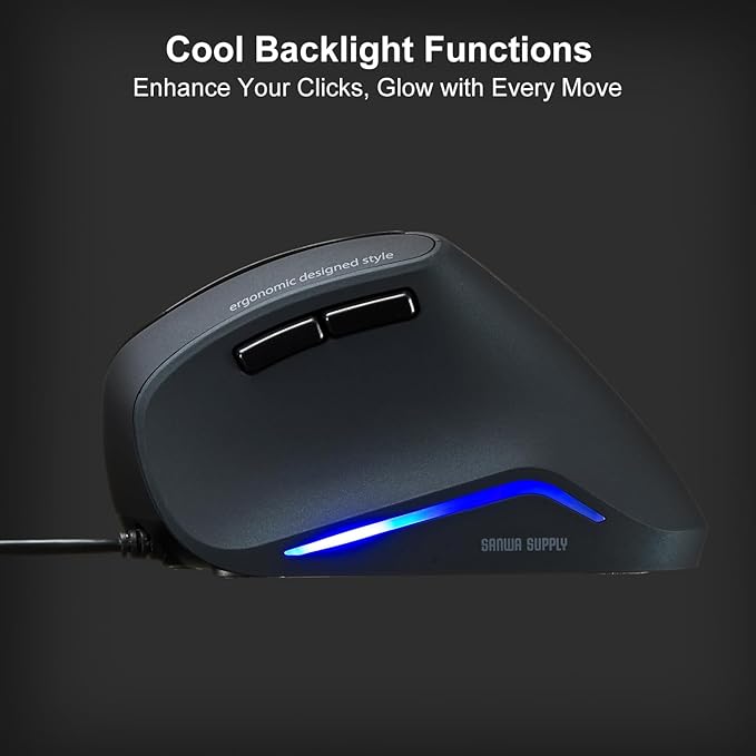SANWA Wired Ergonomic Mouse, Optical Vertical Computer Mice, Reduce Wrist Strain, (1000/1600 Adjustable DPI, 6 Buttons) Compatible with MacBook, Laptop, Desktop, Windows, Mac OS for Office & Gaming