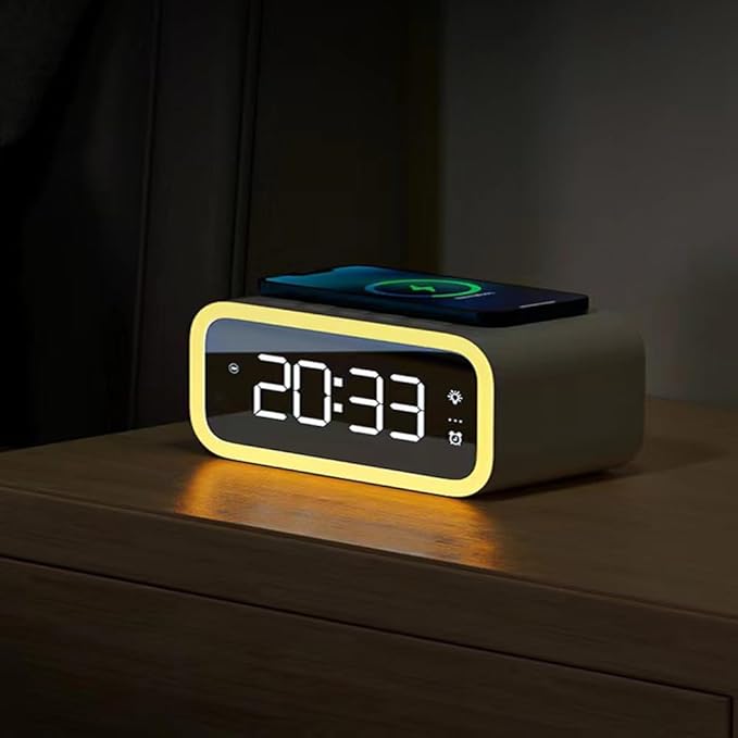 IHAO 5in1 Multi-Functional Wireless Charging Alarm Clock Smart Night Light & Qi Charger LED Digital Clock Adjustable Light Mini Mirror QXF-805