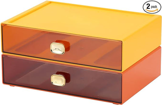 Spacious Desktop Storage Box, 2 Large Storage Drawers, Stackable Office Desk Drawer Organizer and Accessories, Printer Paper Organizer, Orange & Yellow Plastic Drawers for Workspace & Home