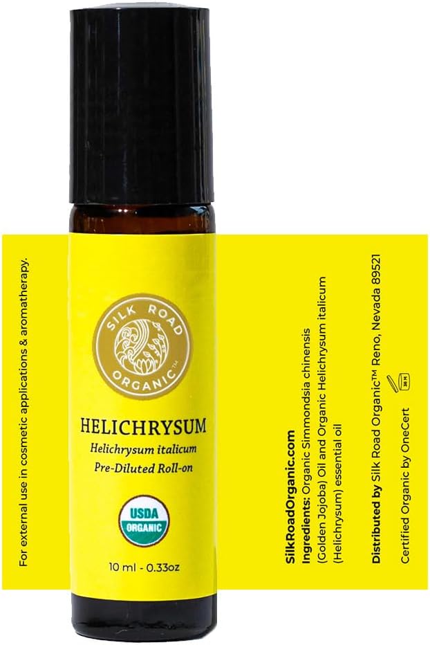 Silk Road Organic Helichrysum Italicum Essential Oil Roll On, 100% Pure USDA Certified Aromatherapy for Skin Vitality & Anti-Aging - 10 ml Roller - Always Pure, Always Organic