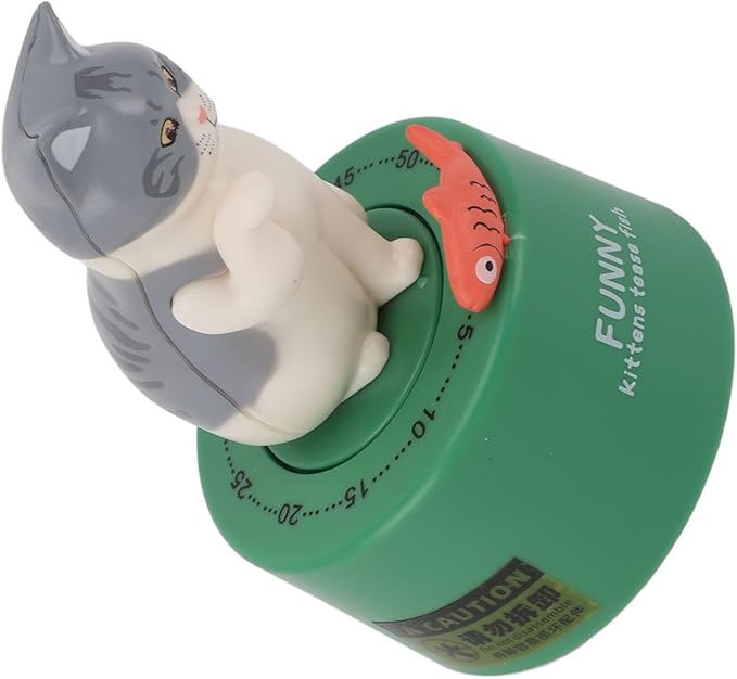 Mechanical Countdown Timer, 60 Minutes Mechanical Kitchen Timer Eco Friendly Loud Alarm Magnetic Base Cute Animal Shape for Kitchen (Kitten with Green Base)