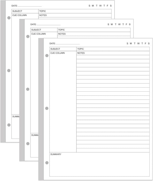 (3-Pack) A4 Cornell Notes Filler Paper - 3 Hole Cornell Notes Loose Leaf Paper, 150Sheets / 300Pages, 100gsm,White, 8.5'' x 11''