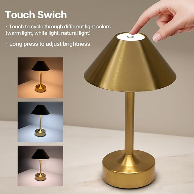 Cordless Table Lamp - Rechargeable Night Light with 2000mAh Battery, Touch Control, Dimmable White/Warm/Neutral Light, Adjustable Height, USB Charging, Ambient LED Bedside Lamp (Gold)