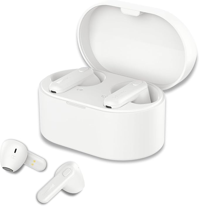 PHILIPS True Wireless Earbuds, TWS Bluetooth 5.3 Headphones, 13mm Drivers, AI Mic for Clear Calls, IPX4 Waterproof, 15 Hours Playtime, Compatible w/iPhone Android & Bluetooth Devices, TAT1138 White