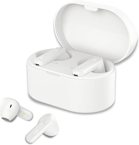 PHILIPS True Wireless Earbuds, TWS Bluetooth 5.3 Headphones, 13mm Drivers, AI Mic for Clear Calls, IPX4 Waterproof, 15 Hours Playtime, Compatible w/iPhone Android & Bluetooth Devices, TAT1138 White