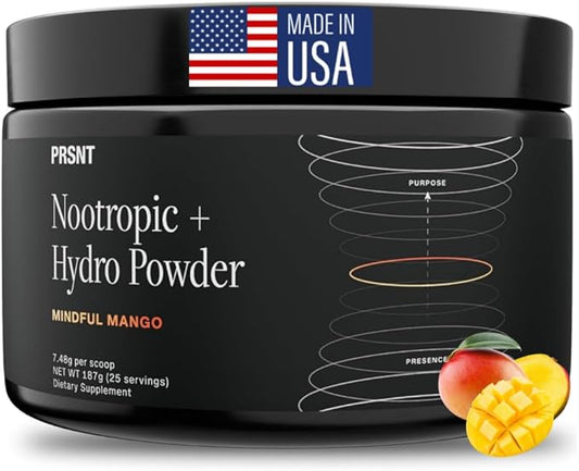 PRSNT Nootropic Drink Powder – Mango Flavor – Focus, Energy & Brain Boost Supplement – Lions Mane, Alpha GPC, L-Tyrosine, Magnesium, Electrolytes – 25 Servings, Caffeine-Free, Sugar-Free